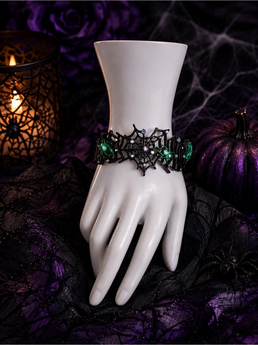 Betsey Johnson Rare Gothic Spiderweb Cuff Emerald Green Spider Accents NWT